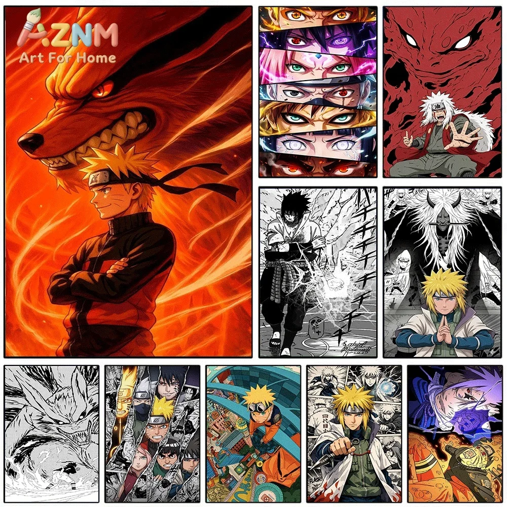 AZNM Naruto Uzumaki Nine‑Tailed Fox Fire Background Canvas Wall Print, Japanese Anime Manga Character Fiery Beast Graphic Art
