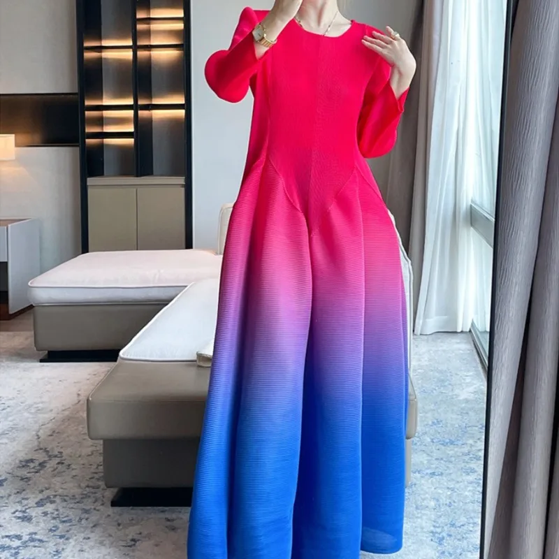 Miyake 2025 Herbst Neue Farbverlauf Gedruckt Plissee Kleid Pendler Formelle Anlässe Taille Temperament Prom Swing Kleider Frauen