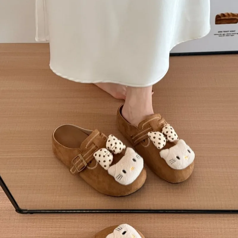 Cute Women Suede Boston Clogs Mules Flat Backless Slip On Plush Cat Polka Dot Bow Decor Buckle Autumn Shoes