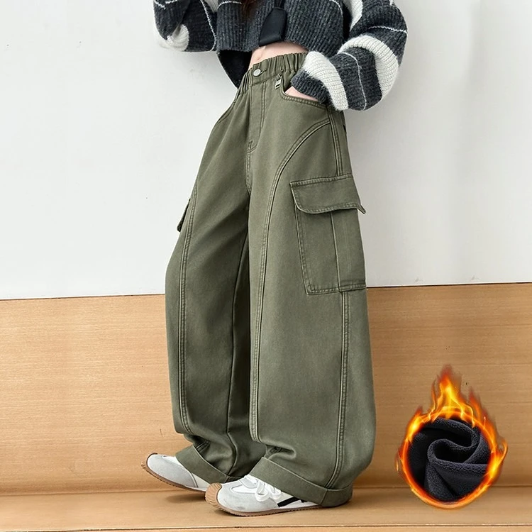 

Winter Girls Fleece Cargo Pants Wide-Leg Pants Big Pockets Fashion Warm Versatile Oversized Teen School Kids Casual Trousers