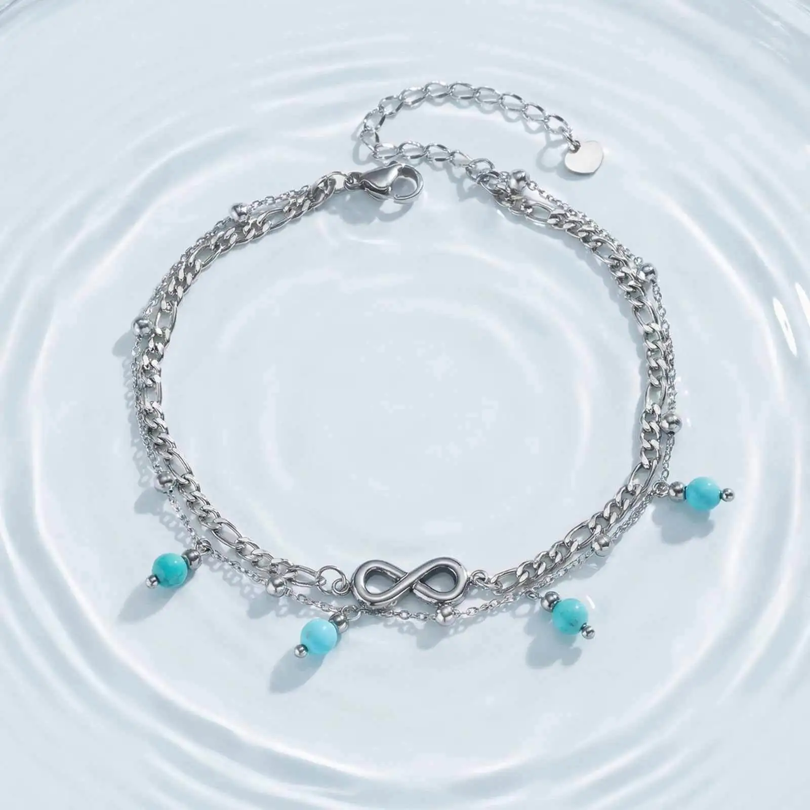 Double Layered Blue Turquoise Infinity Women Ankle Anklet Bracelet Stainless Steel Summer Beach Foot Chain