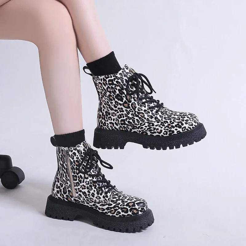 

Trend New Snow Boots Winter Walking Mujer Goth Motorcycle Boots Leopard Print Thick Sole Outdoor Round Head Botines Para Mujeres