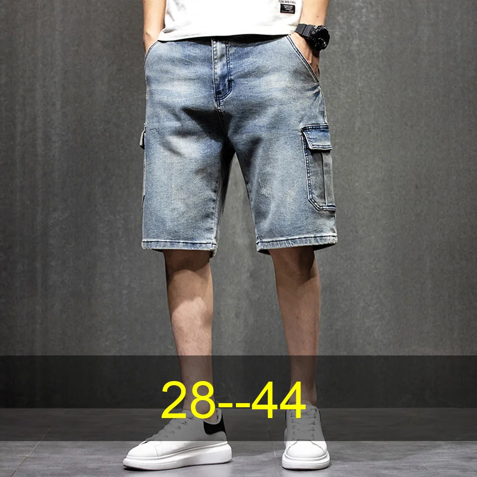 

Summer Denim Shorts Men Pocket Cargo Jean Shorts Plus Size 44 Fashion Casual Short Pants Male Blue Bottom