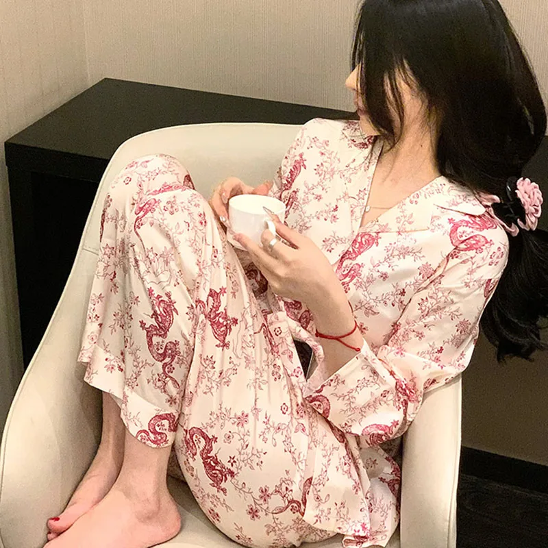 Chinese Style New Female Pajamas Sleepwear Set Sexy Print Flower Dragon Pijamas Long Sleeve Trouser Suits Loose Satin Homewear