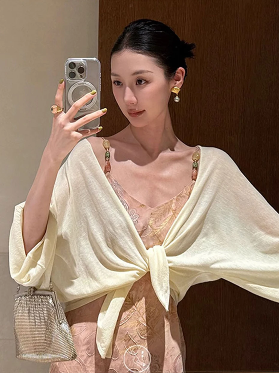 

Sun Protection Silk Knitted Cardigan Thin Hollow out Design Summer Wrap Skirt Shoulder Baring Outerwear for Women Casual Wear