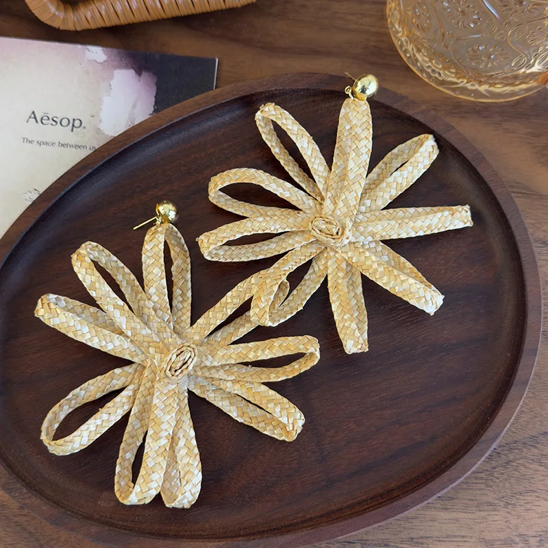 Earrings Woven Hollow Oversized Flower Boho Summer Beach Vacation Unique Lightweight Comfortable Natural Photo Accessory Women