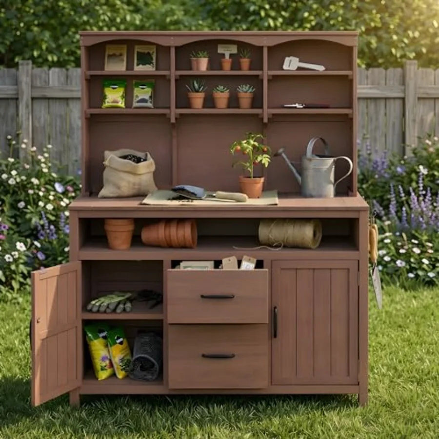 Outdoor Potting Bench with Large Worktop and Fir Wood Frame