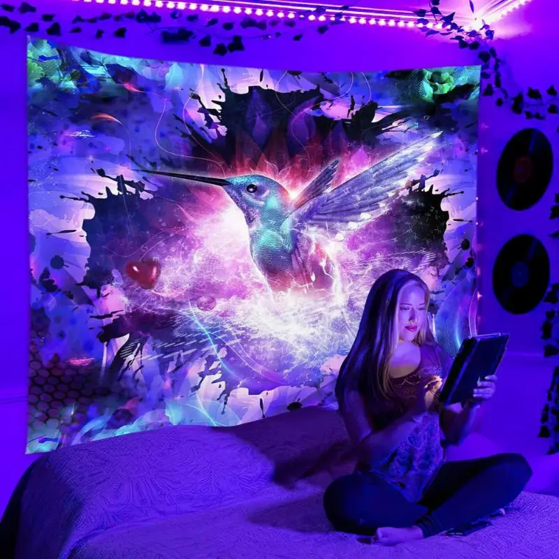 VIKAMA Fluorescent Meditating Dame Toadstool Serpent Mind Bending UV Glow Tapestry Surreal Wall Mural Decor Soft Durable Cozy