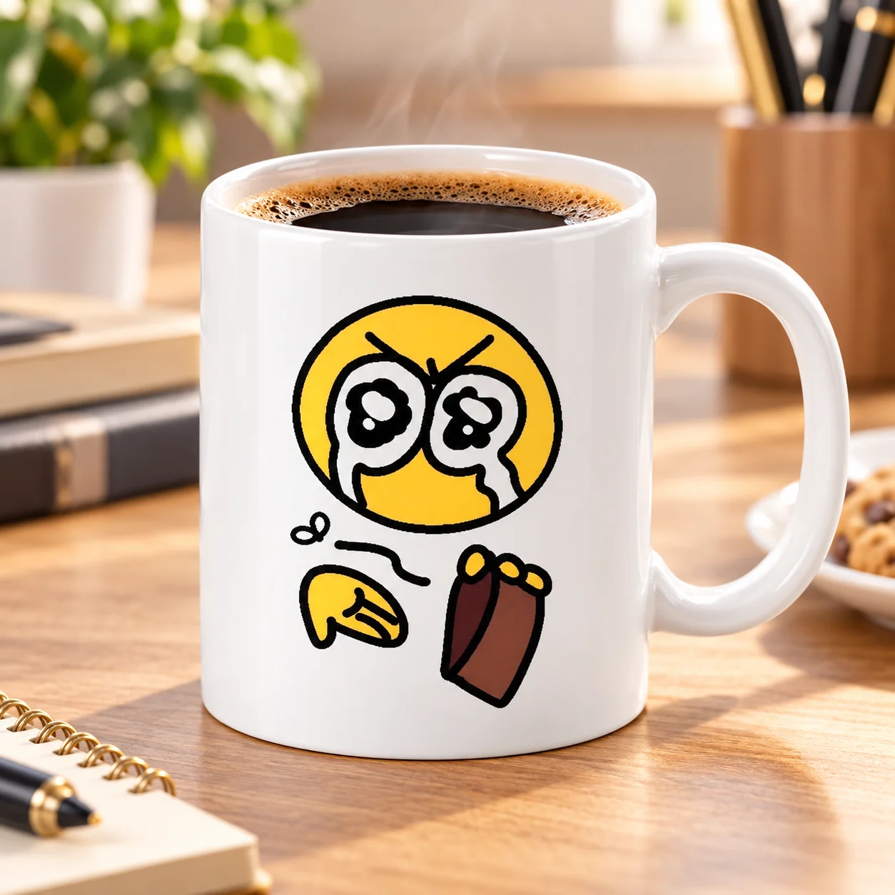 Sublimation Ceramic Coffee Mug, Funny Crying Yellow Emoji With French Fries Graphic Cup, Humorous Cartoon Tea Mug, 11oz Coffee