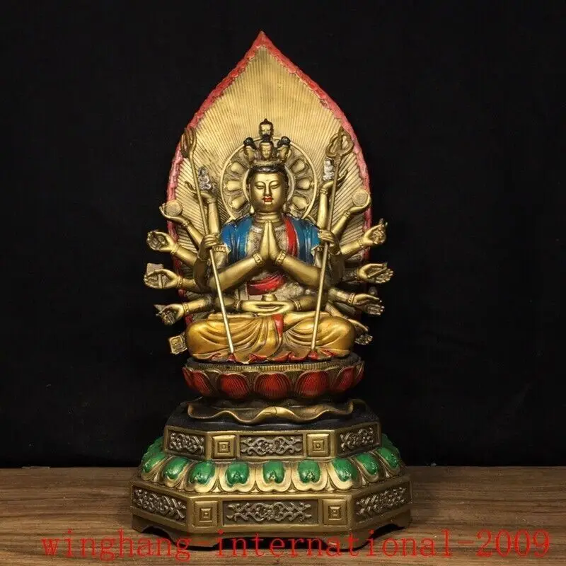 Tibetan Buddhism bronze gilt painted Thousand hands Avalokitesvara Buddha statue