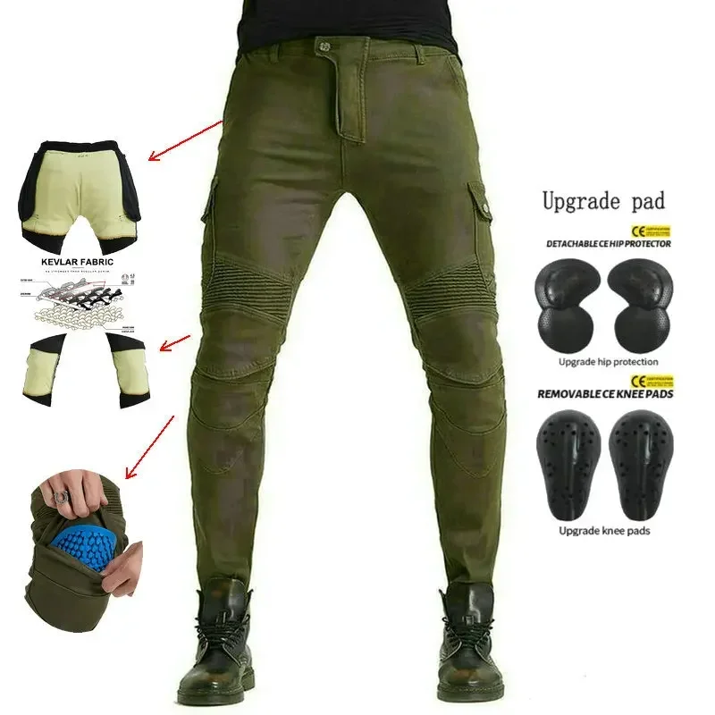 Loong Biker Motorcycle Riding Jeans Motor Knight Daily Cycling Trousers Wear-Resistant Locomotive Protective Pants Army Green