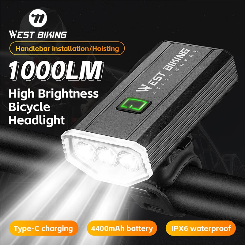 

WEST BIKING 1000LM Bicycle Headlight Handlebar/Hoisting Mount Bike Front Light IPX6 Waterproof Type-C Charging Cycling Light