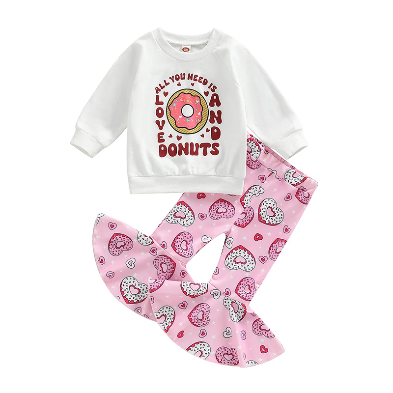 Valentine's Day Fashion Children Girl Clothing Set 1-5Y Letter Print Long Sleeve Sweatshirts+Doughnuts Print Ruffles Flare Pants