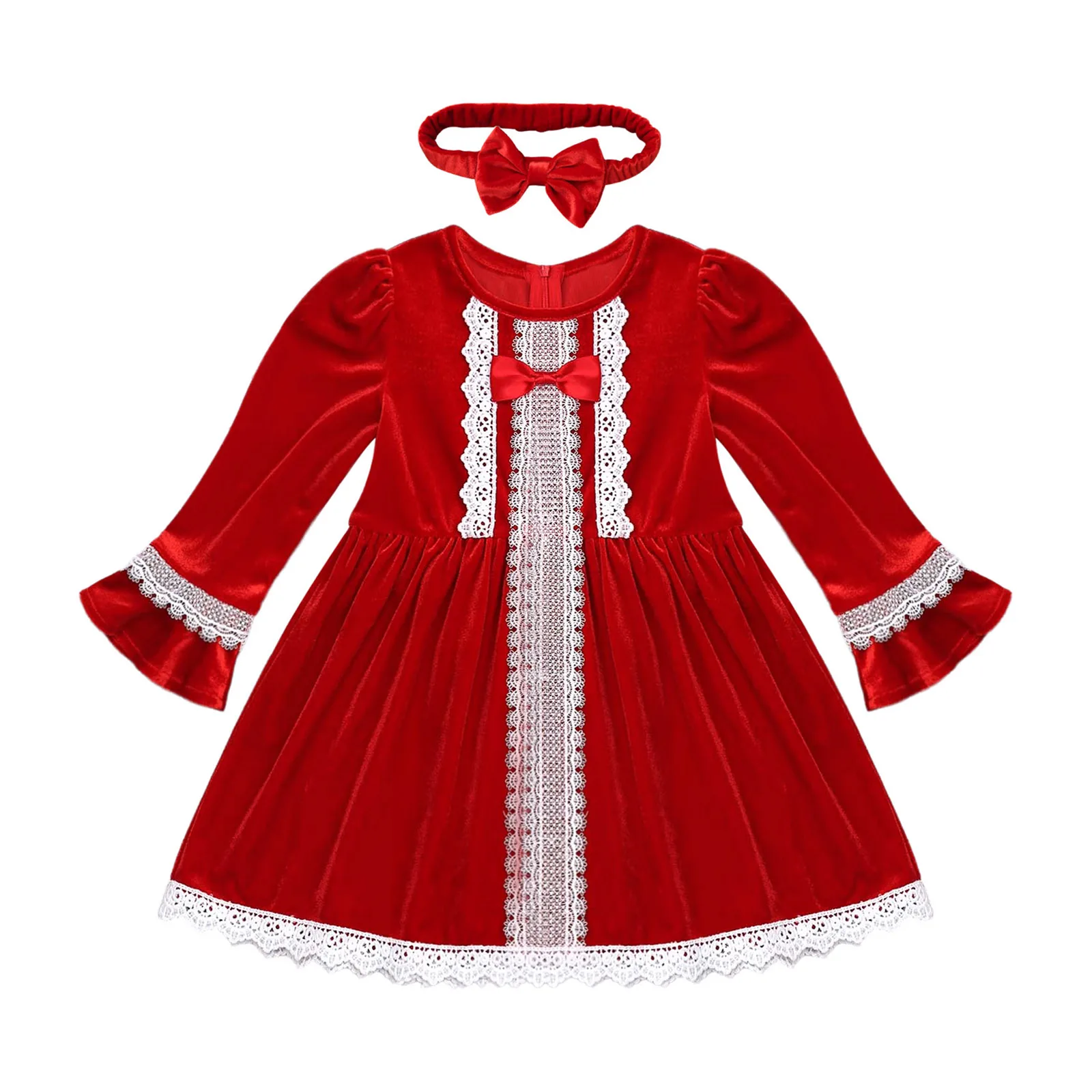 Robe en velours rouge pour filles, manches longues, manchette évasée, fermeture éclair invisible, bande de sauna nœud papillon, Noël et 03 Wear