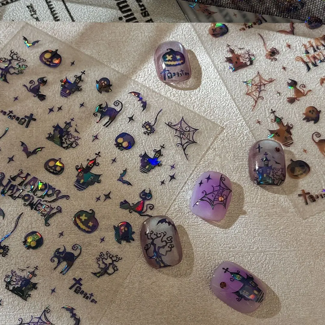 ملصقات الهالوين لمسمار شبح اليقطين القلعة الصليب الخفافيش القط الأسود لاصق المتزلجون ديكور طبعة الليزر لتقوم بها بنفسك مسمار الفن صائق #4