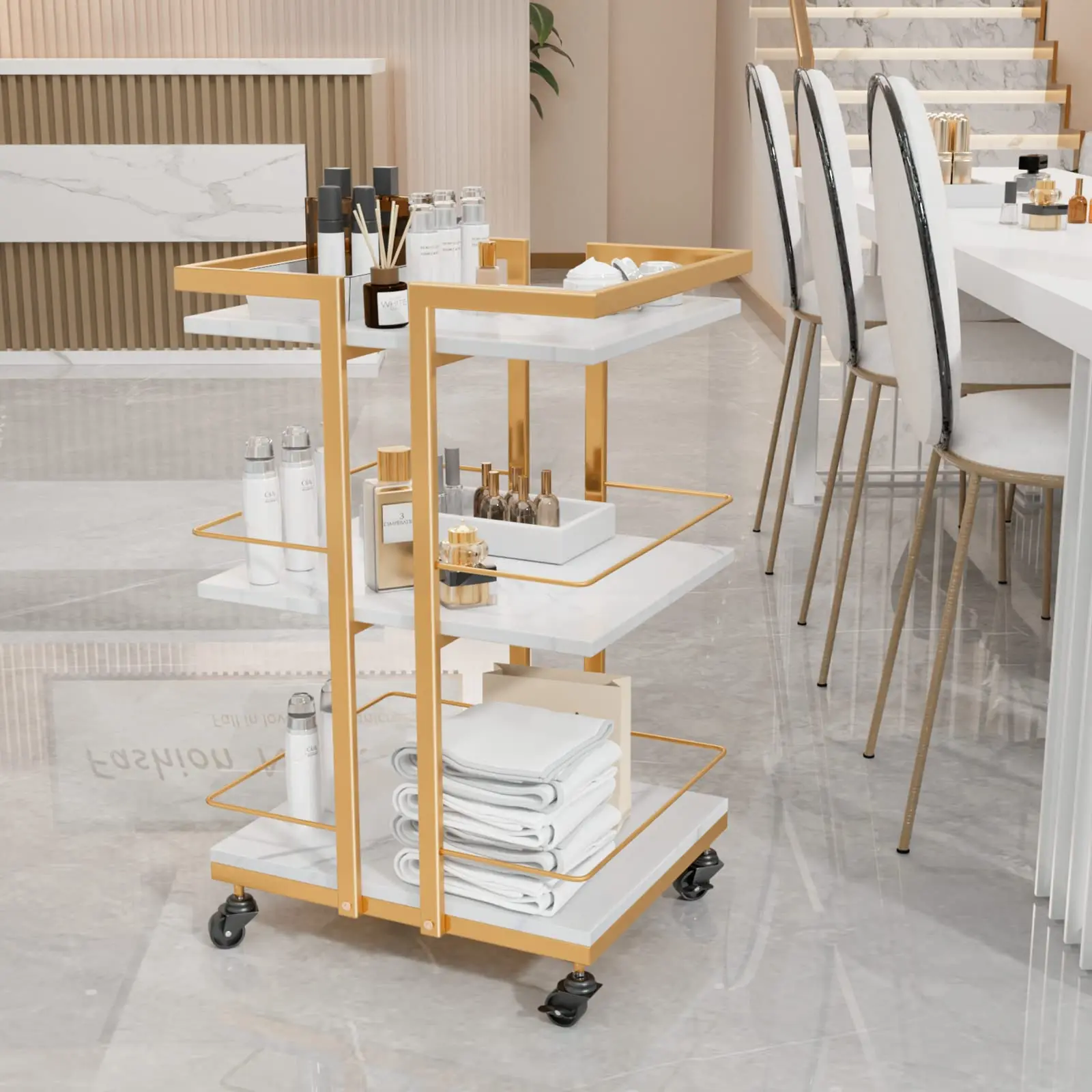 Esthetician Cart with Wheels Utility Salon Rolling Trolley, Gold Mobile Storage Organizer for Beauty Spa Cosmetology