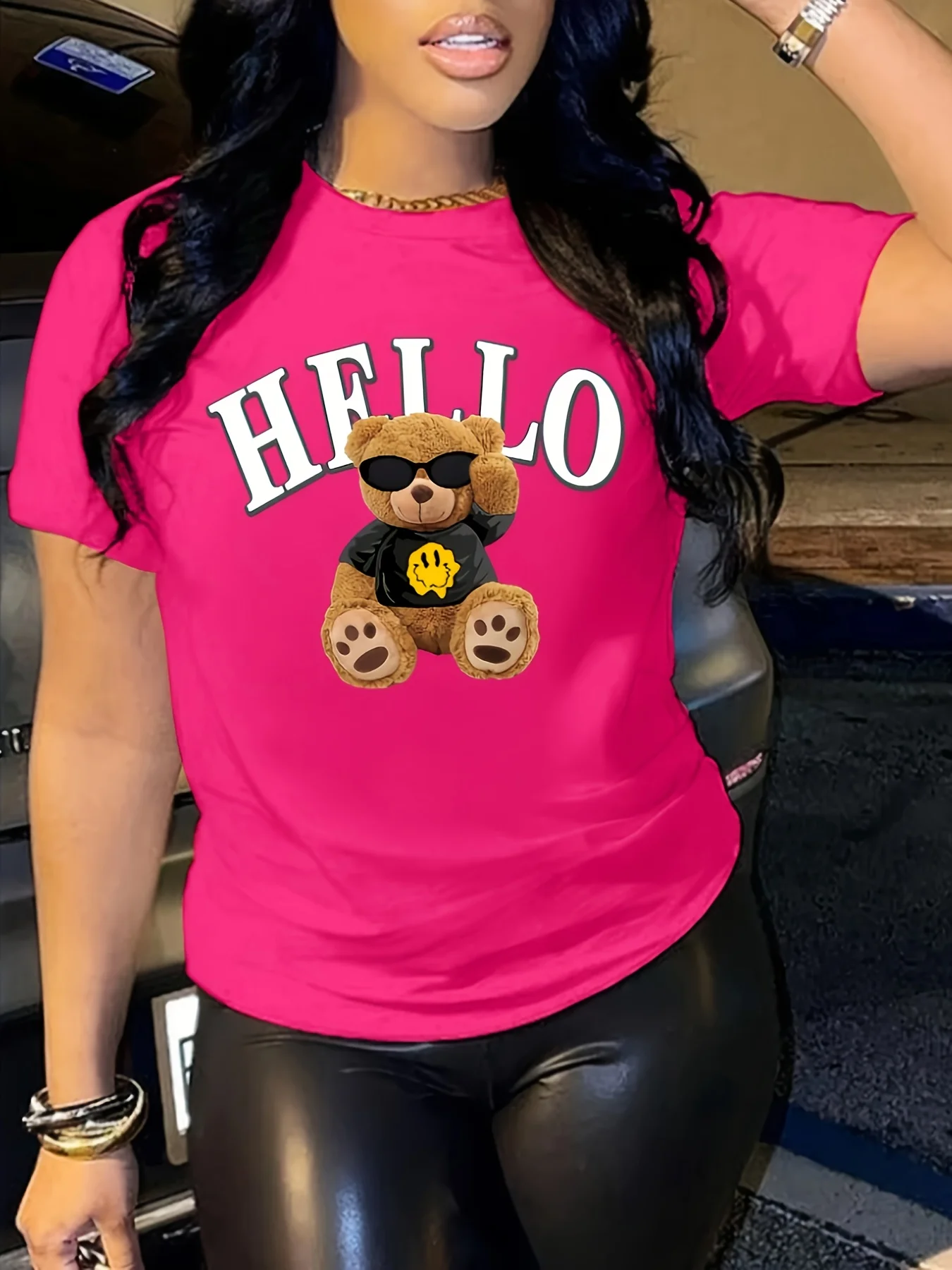 Summer women\'s Cartoon Bear print loose oversized casual round neck short sleeved T-shirt top Streetwear Oversized O-Neck Vest