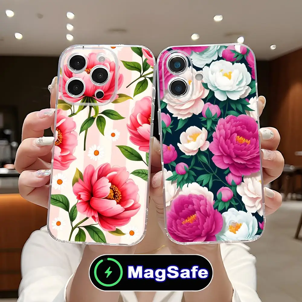 

Чехол для телефона с пионами для iPhone 17 16 15 14 13 12 11 Air Pro Max Plus Mini Magsafe, прозрачный, цветной, роскошный, красивый