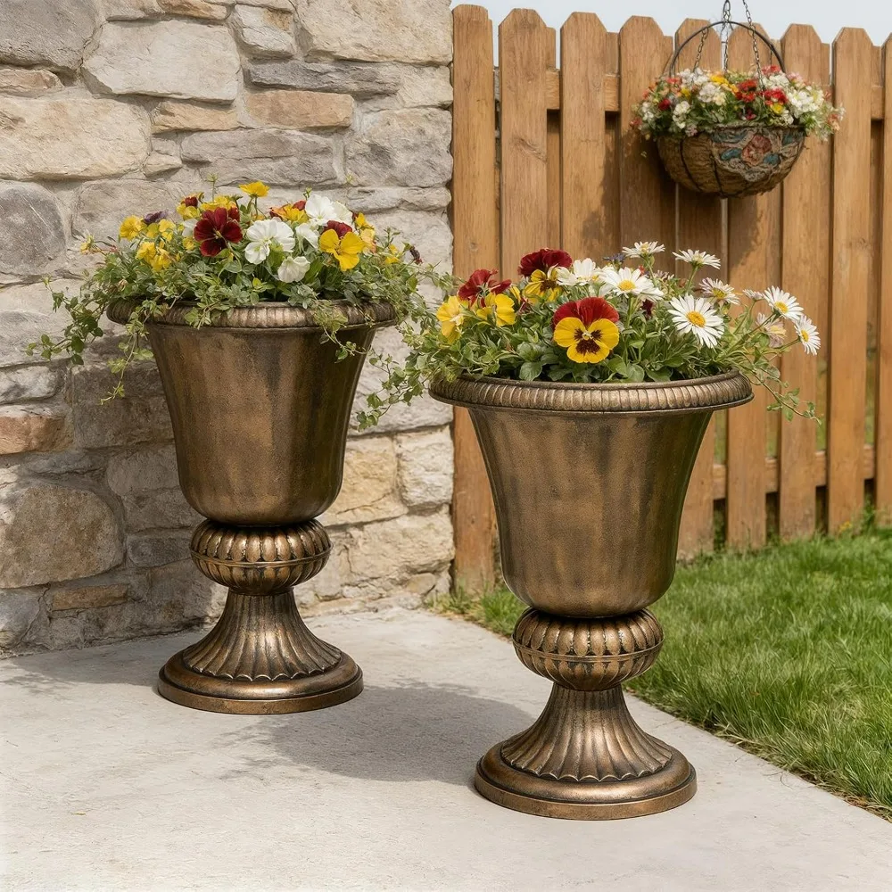 Athena Collection 20''H Bronze Garden Plastic Urn - Vintage Tall Large Planter for Indoor Outdoor Patio Porch, 2 Pieces Flower