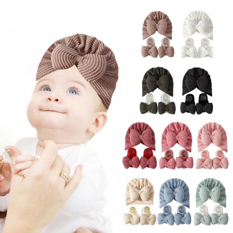 Infant Soft Cotton Striped Hat & Socks set Breathable Baby Bowknot Hat & Socks N84E
