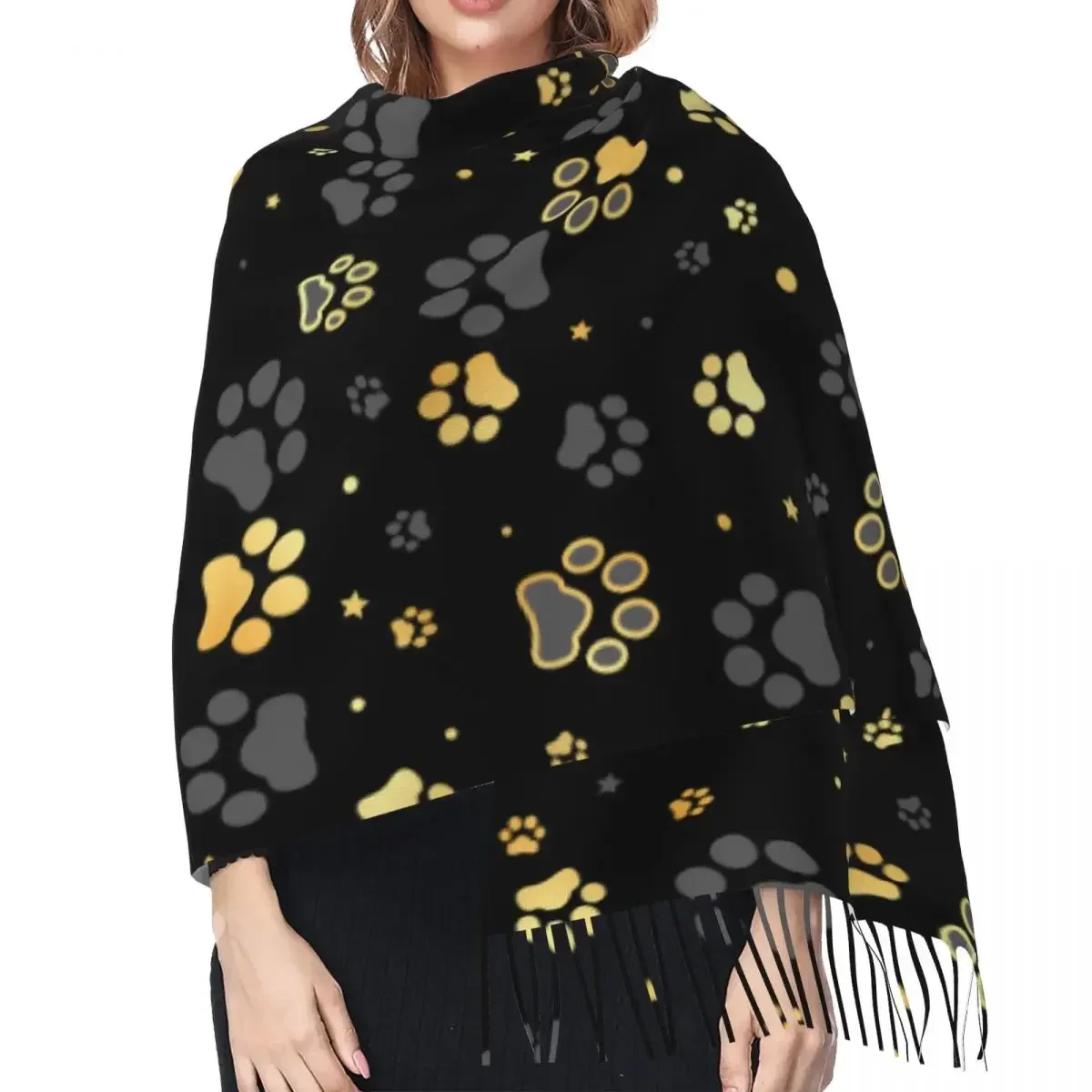 Autumn Winter Warm Scarves Gold Dog Paw Print And Star Fashion Shawl Tassel Scarves Wrap Neck Headband Hijabs Stole