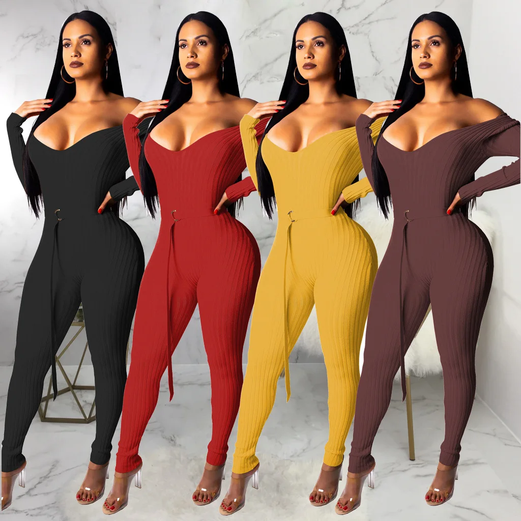 

Women Jumpsuits Rompers Ribbed Knitting Skinny Sexy Deep V Neck Long Sleeve Casual Playsuits Club Overalls With Belt