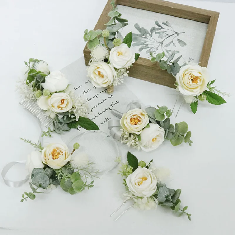 Boutonniere En Pols Corsage Gesimuleerde Bloem Trouwjurk Bioscoop Fotostudio Hoofddeksels Haarspeld Bruidegom En Bruid Krans 306