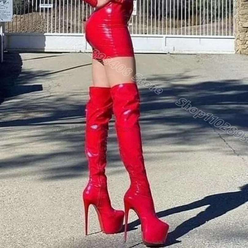 

Red Platform Round Toe Boots Stiletto Stylish Side Zipper Solid Design for Women Casual Party Boots 2025 Zapatos Para Mujere