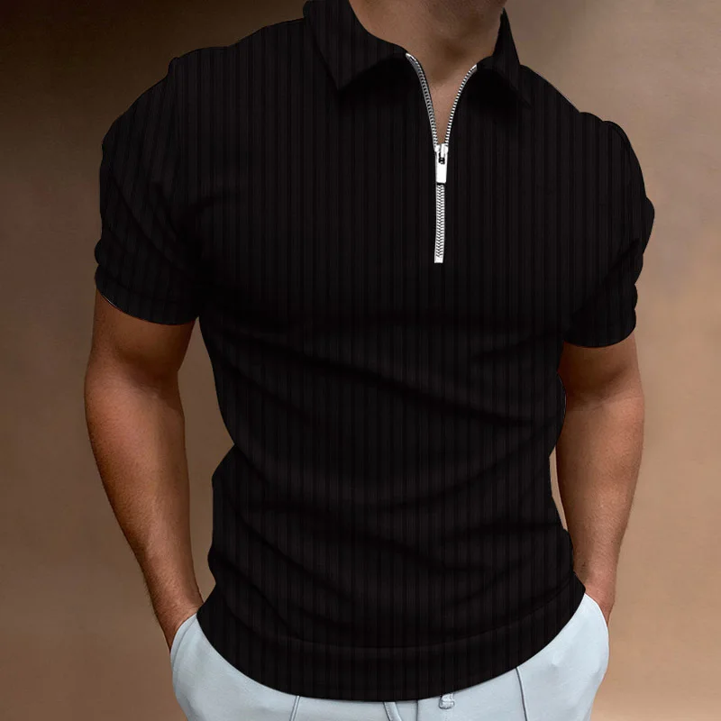 Men's Short-Sleeve T-Shirts - Solid Color Stripe Summer Stand-Up Collar New Style Polo Shirts with Zipper Leisure Tops for Men