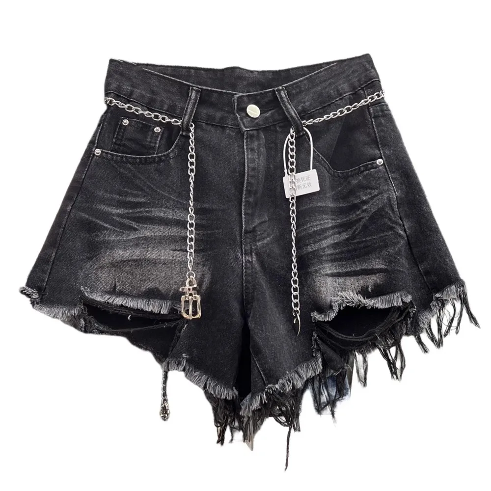 Fringed Worn Denim Shorts Women's Summer New High-waisted Design Wide-leg A-shaped Hot Pants