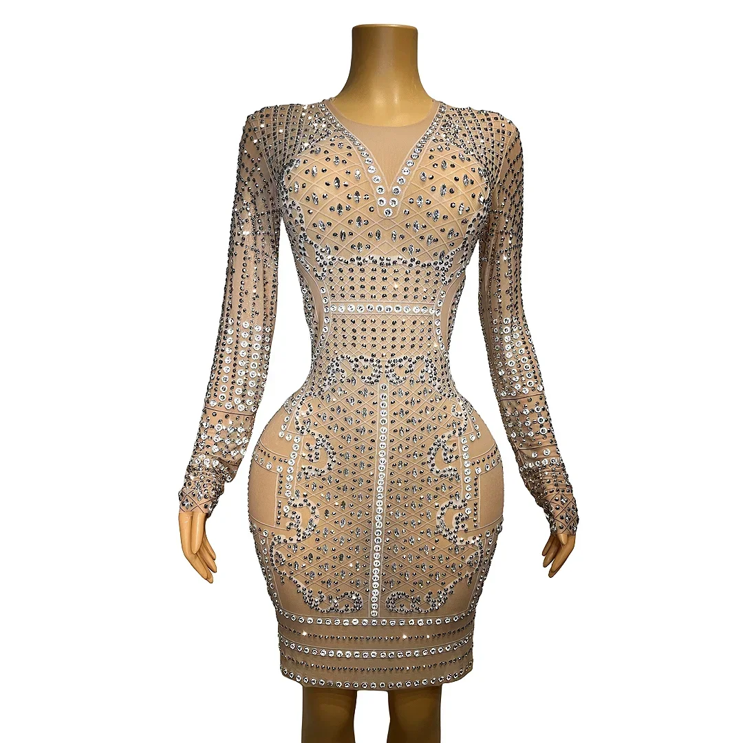 

Evening Dance Show Outfit Birthday Celebrate Sexy Collection Silver Rhinestones Pearls Nude Transparent Dress