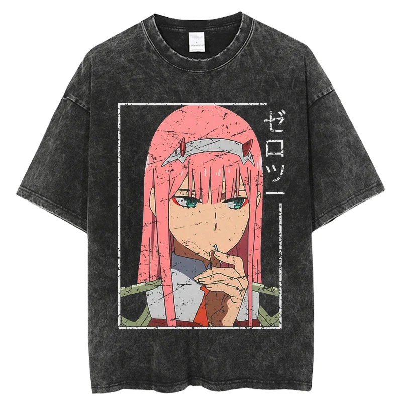 Darling in the FranXX TShirts Men Washed Tshirt Japanese Anime Print T-Shirt Women Vintage Casual Short Sleeve Streetwear