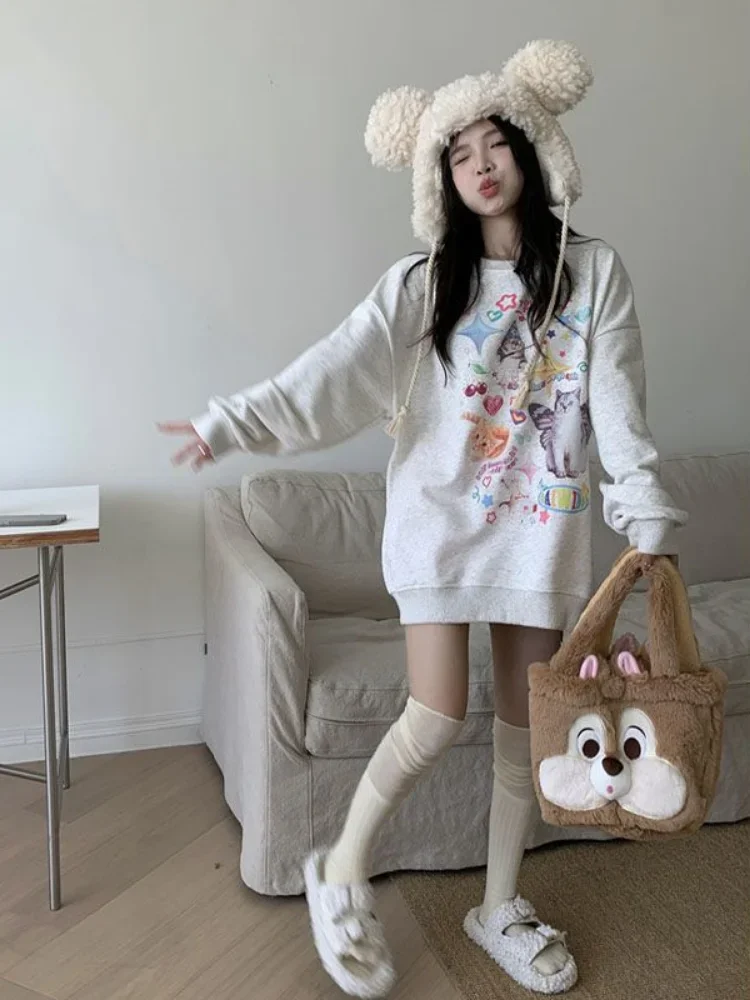 Adagirl Kawaii Cat Print Hoodie para Mulheres, Cutecore, Moletom de Manga Comprida, Retro Americano E-Girl Kitten Angel, Gráfico Alt Clothes, Y2k