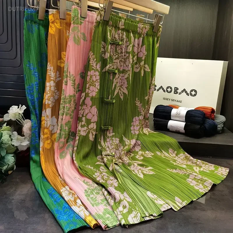 New Chinese Style Pleated Skirts Vintage Print Split Bodycon Skirt For Women 2026 Early Spring High Waist Faldas Mujer