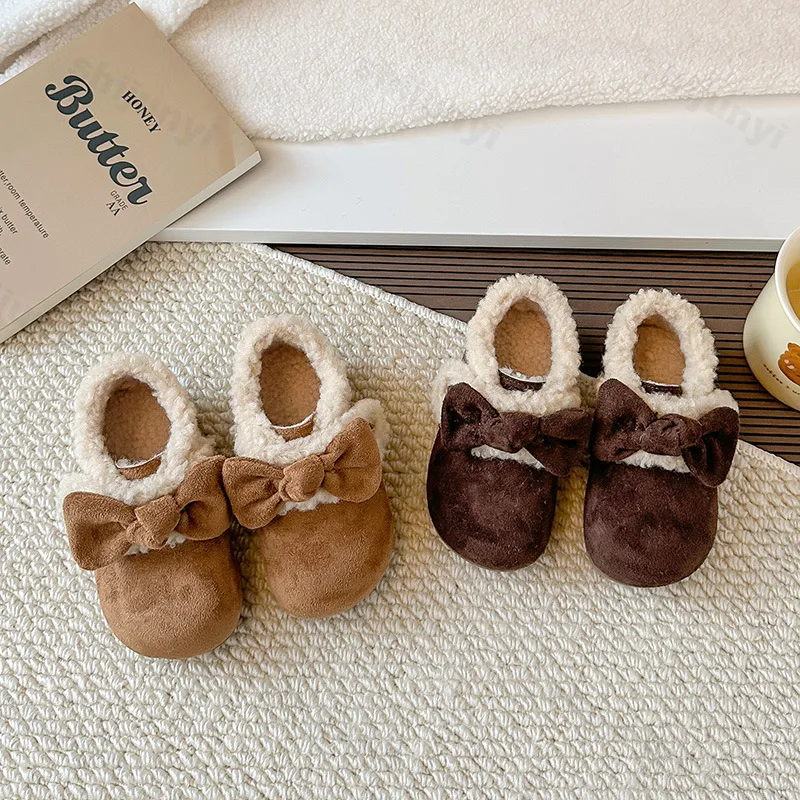 Winter Girls Cotton Shoes 2025 New Warm Plush Fur Fluffy Children Flat Shoes Kids Comfortable Fashion Retro Bow Casual Shoes