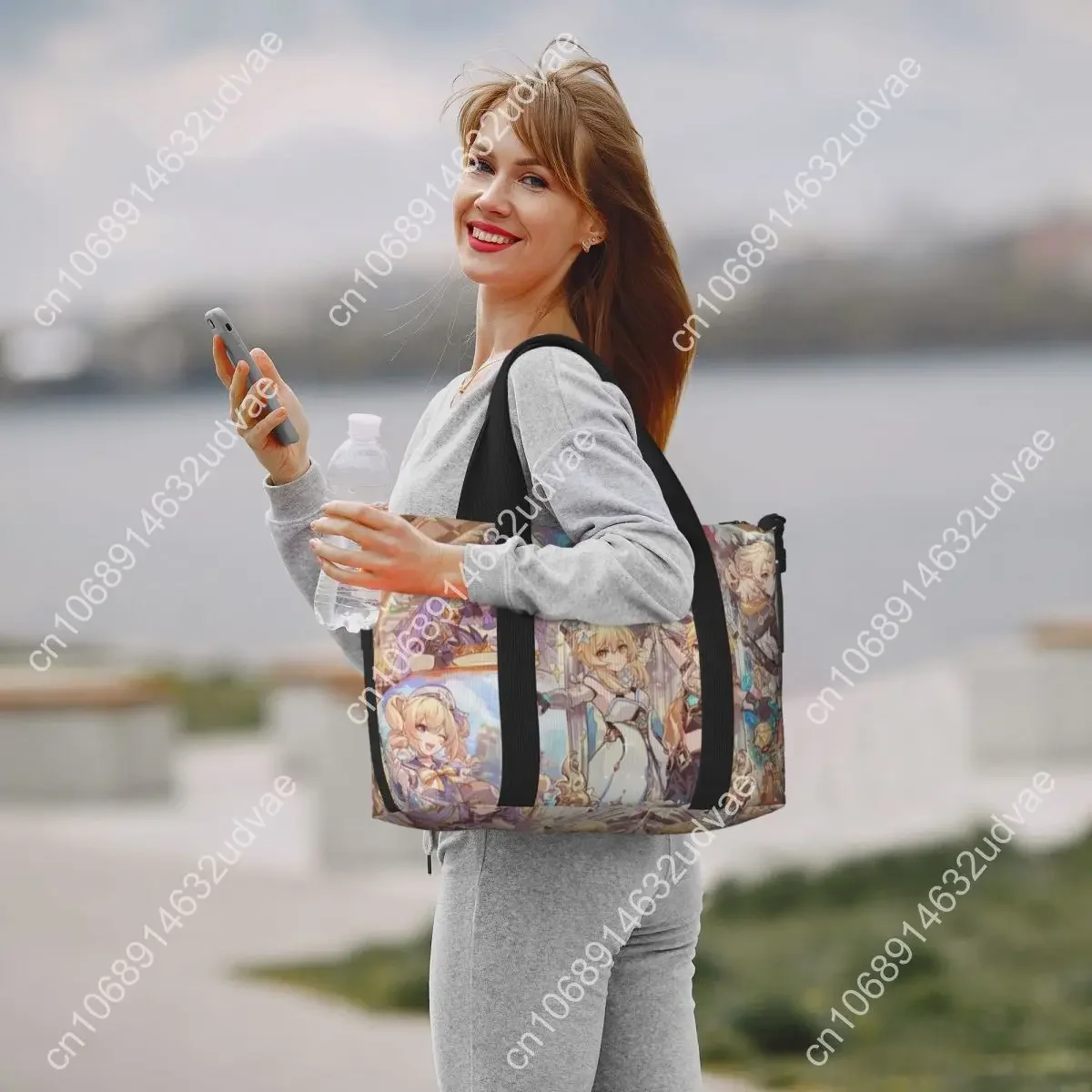 Duża torba typu tote z motywem anime Genshin Impact dla kobiet, manga kawaii, torba na ramię, torba na zakupy, torba na siłownię, torba plażowa, torba podróżna.