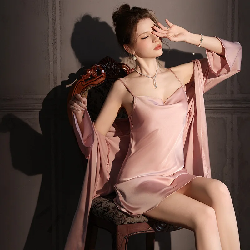High Quality Classic Solid Nightgowns Women Summer Sexy Nightdress Elastic Satin Pajamas Female Ice Silk 2pcs Suit Nightwear - Image 5