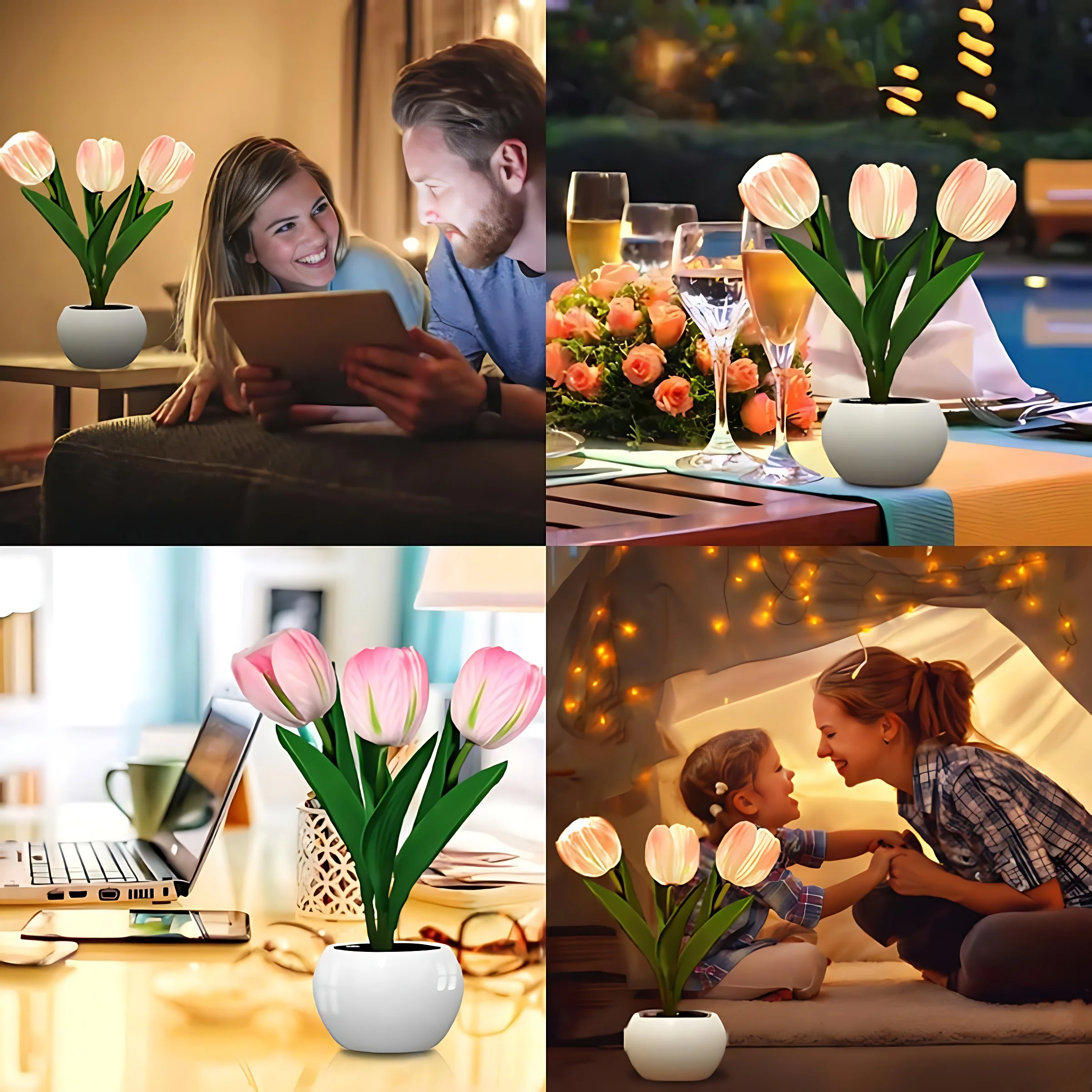 LED Tulip Night Light Simulation Flower Table Lamp Home Decoration Atmosphere Lamp Romantic Potted Gift for Office/Room/Bar/Cafe