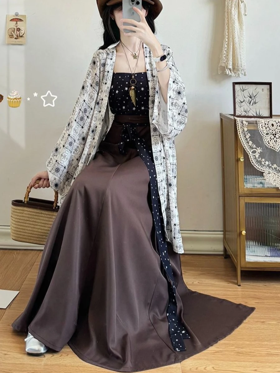 

Japanese Style Kimono Women Fashion Asian Dress Song Style Long Beizi Suspenders Eight Broken Skirts Autumn Winter Outfit