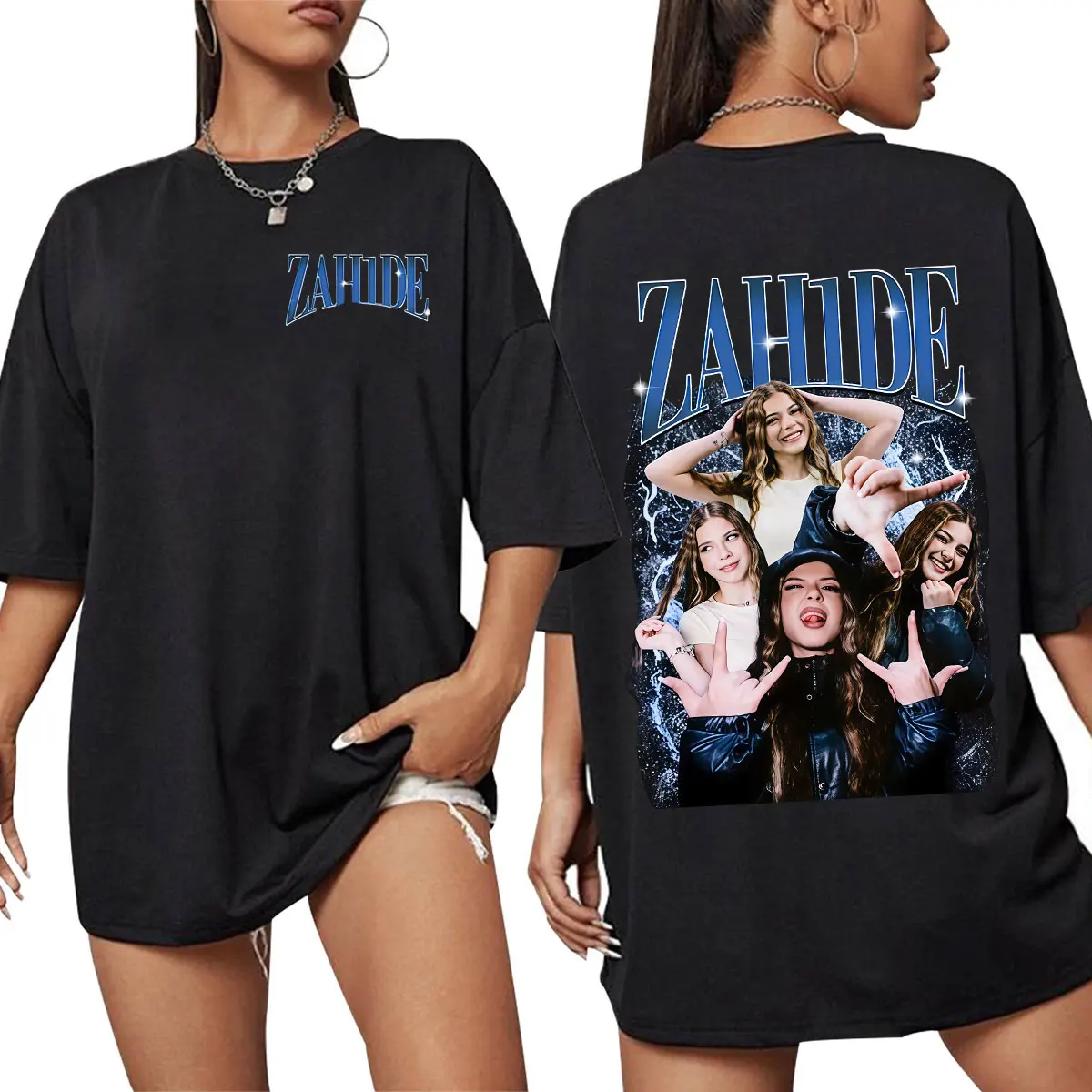 Zahide Merch Doppelseitiges Grafikdruck-T-Shirt für Herren und Damen, Kleidung, modisches T-Shirt aus Baumwolle, lässig, übergroße Kurzarm-T-Shirts