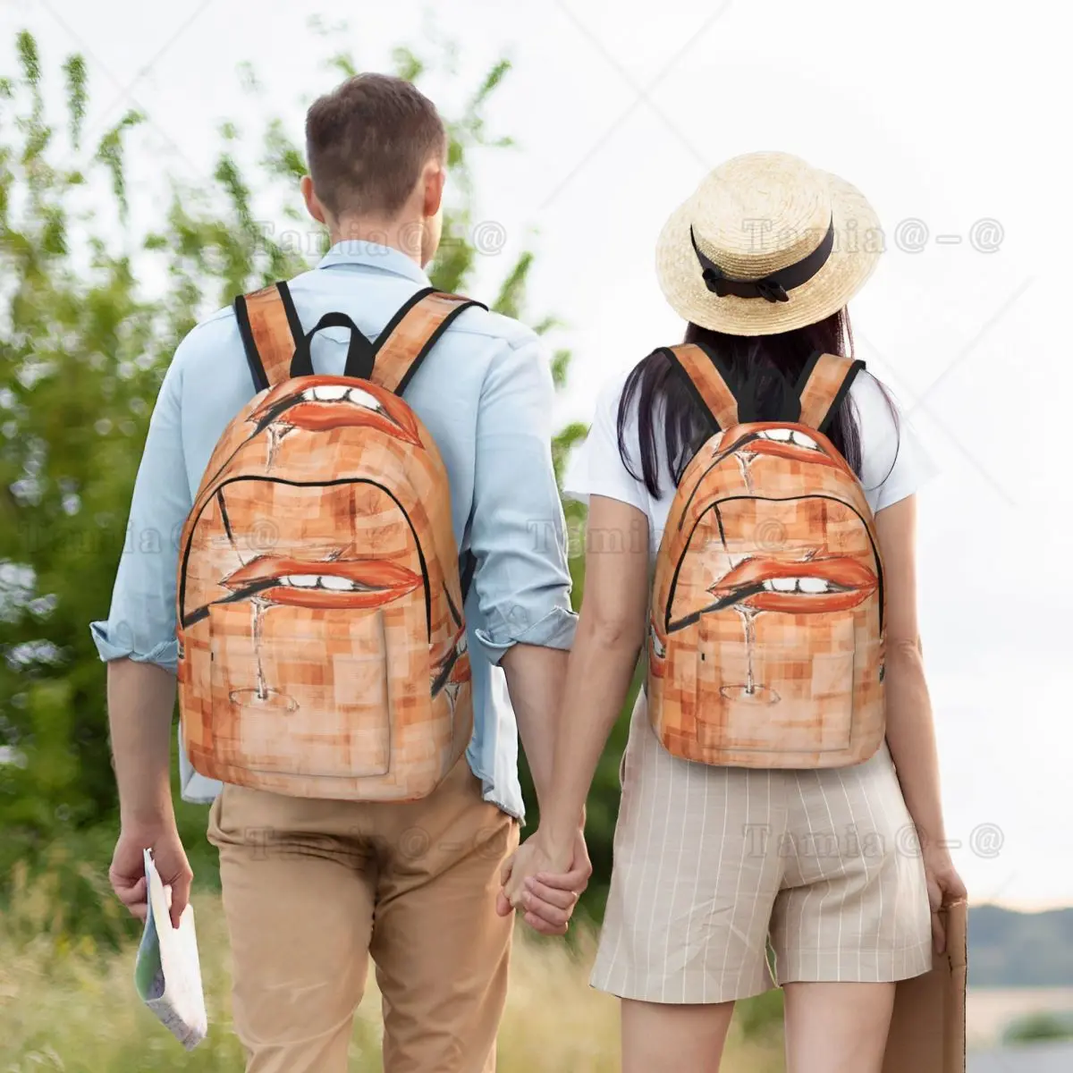 Vintage Checkerboard Orange Sexy Mouth  Student Backpack School Bag Hiking Travel Daypack for Boys Girls Bookbag Shoulder Bags