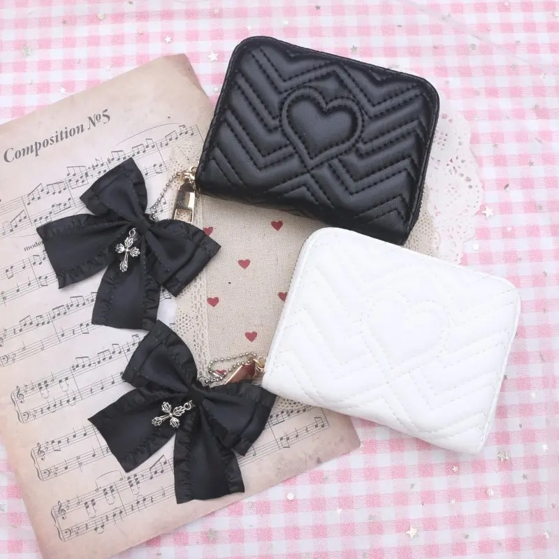 Cute Sweet Wallet For Women Tri-fold PU Purse With Bow Charm Heart Embroidery Large Capacity Card Holder