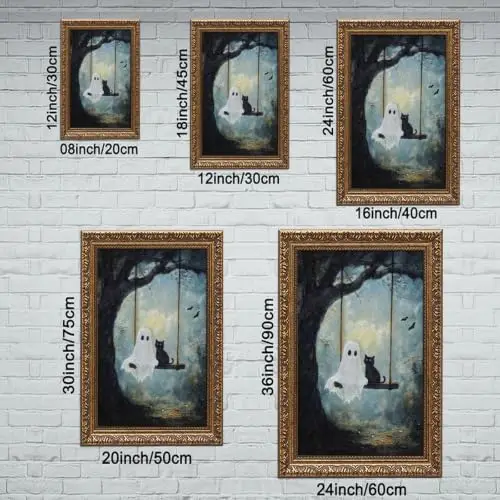 Ghost and Black Cat Swing Wall Art Cute Spooky Halloween Oil ing