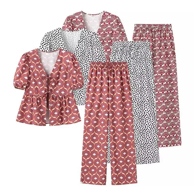 

2025 Hot Summer Floral Tie-Neck Women's Shirt + Straight-Leg Pants Two-Piece Suit AA77-1956