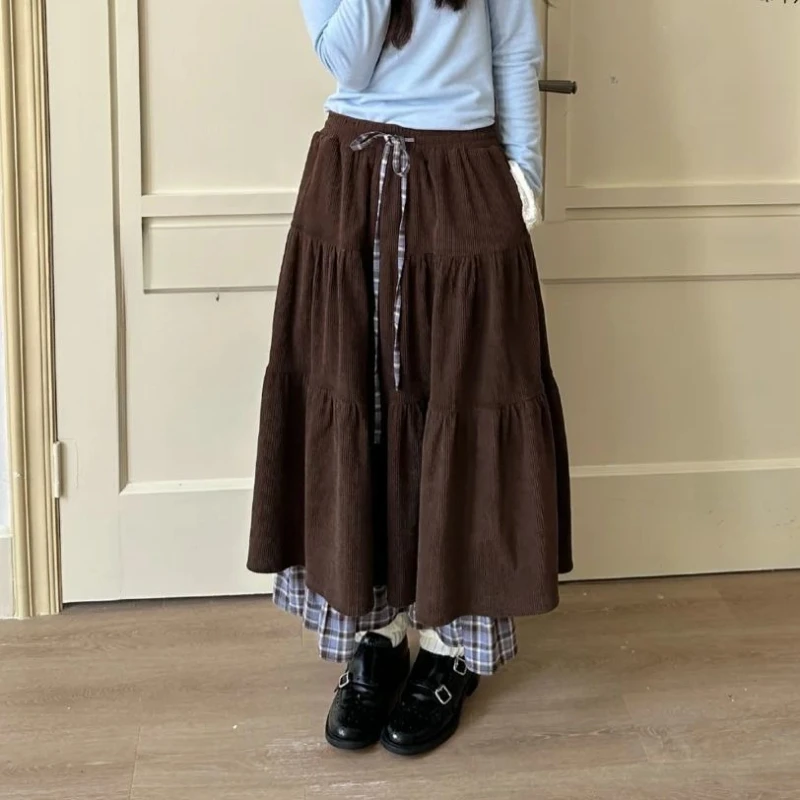 

Deeptown Vintage Brown Corduroy Skirt Women Preppy Style Elegant Ruffle Long Skirt Sweet Autumn Winter Patchwork Midi Skirts