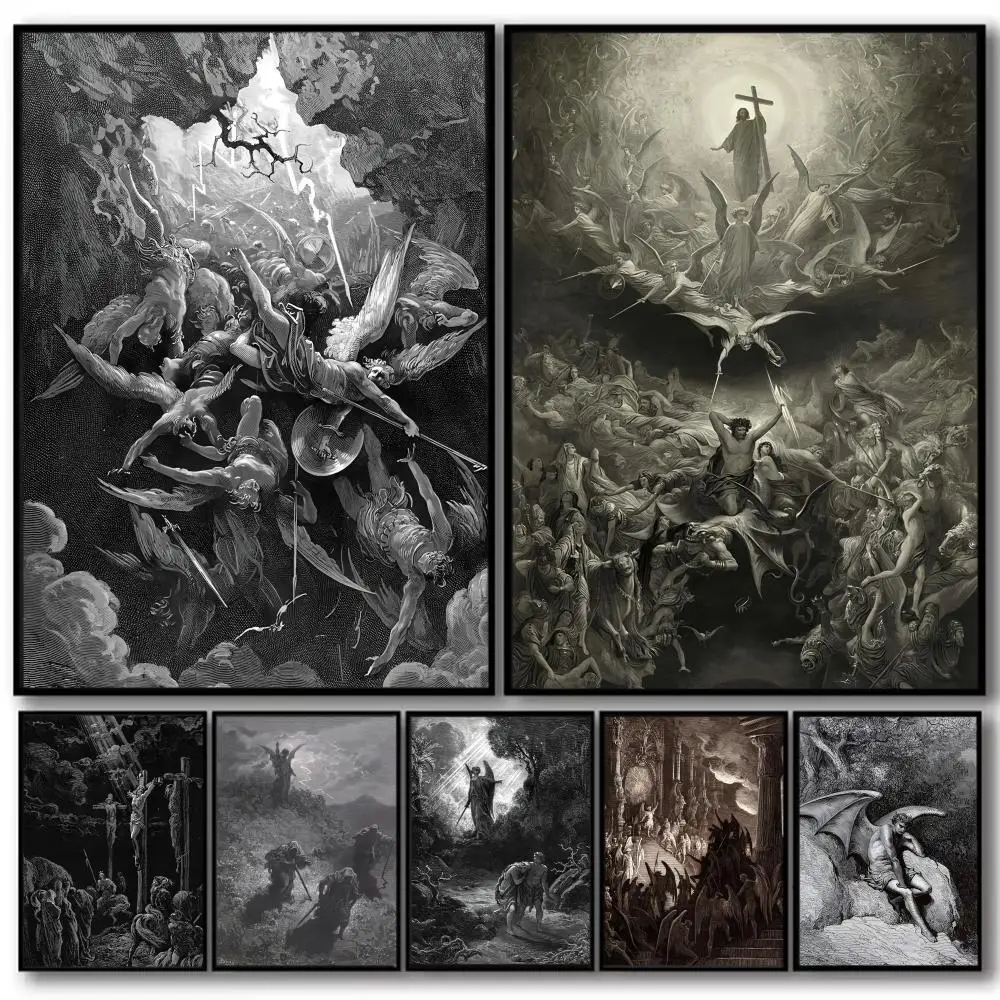 Gustav Dore Satan Paradise Lost Monster Painting Calligraphy Cotton Canvas Wall Art Poster High Quality Decor  for Home Decor