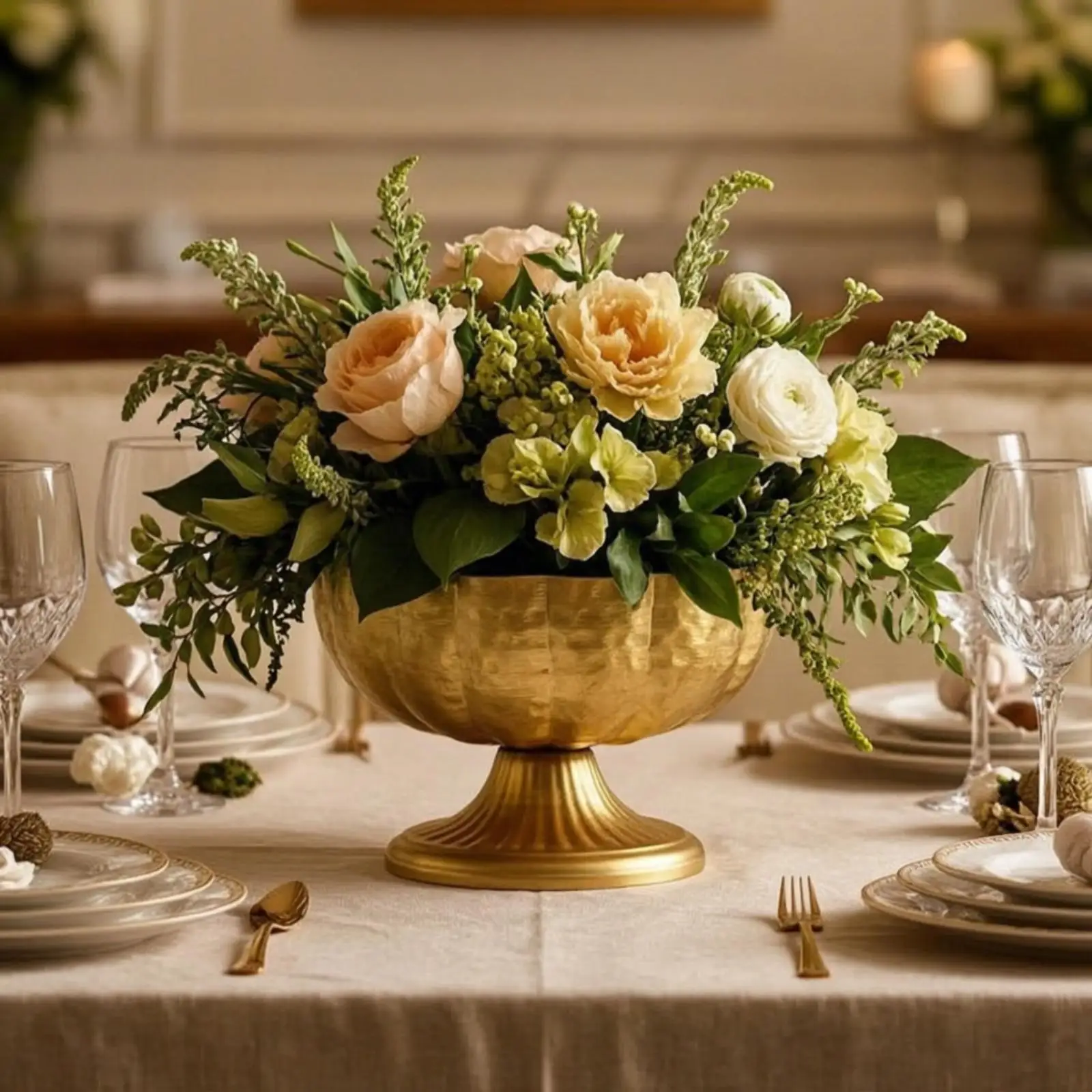 Metal Vase with Pedestal Hammered Pedestal Vase Broad-Mouthed Floral Bowl for Decorators, Event Planners, Table Centerpiece,