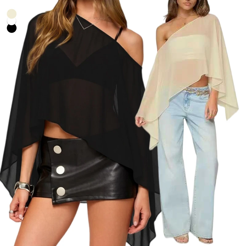 Womens Sheer Mesh Poncho Y2k Loose Solid Boat Neck Irregular Trendy Casual See Through Off Shoulder Beach Coverup Top New