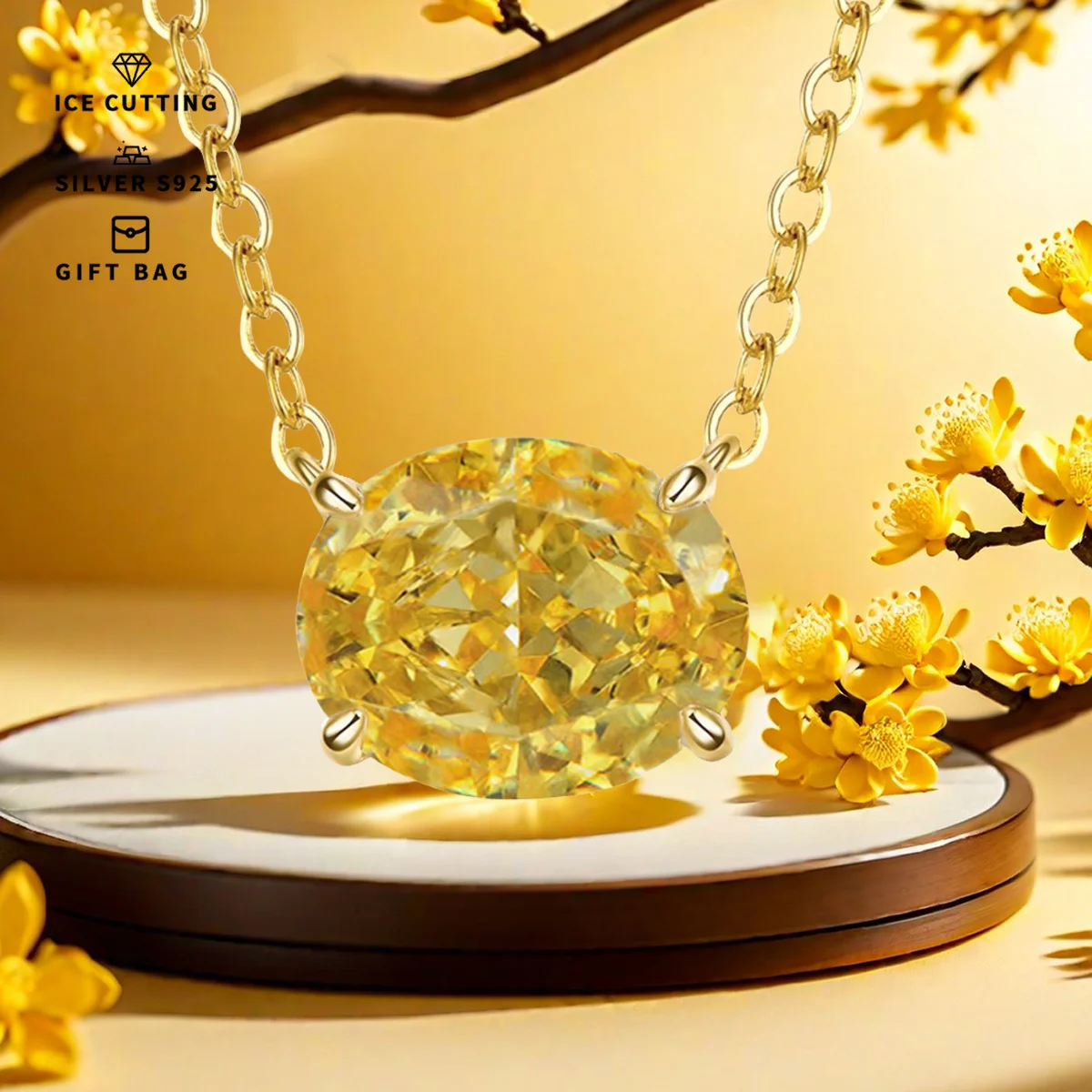 

S925 посеребренная платина и золото Высокоуглеродистый ледяной цветок огранки желтый овальный циркон женский кулон ожерелье изысканные ювелирные изделия подарок