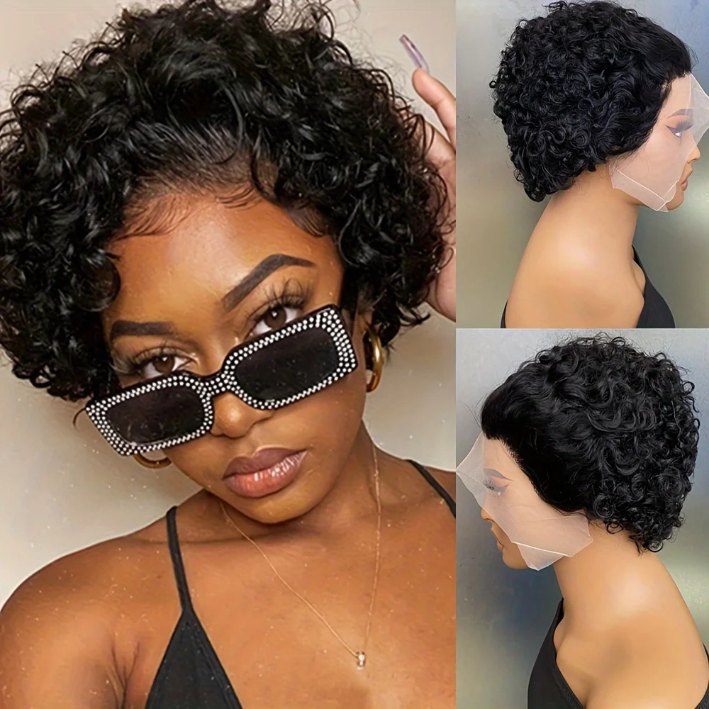 13×1 lace 150% density remy wigs for women short curly human hair wigs 6inch pixie cut wig 350/deep99j/natural black/1b27 color